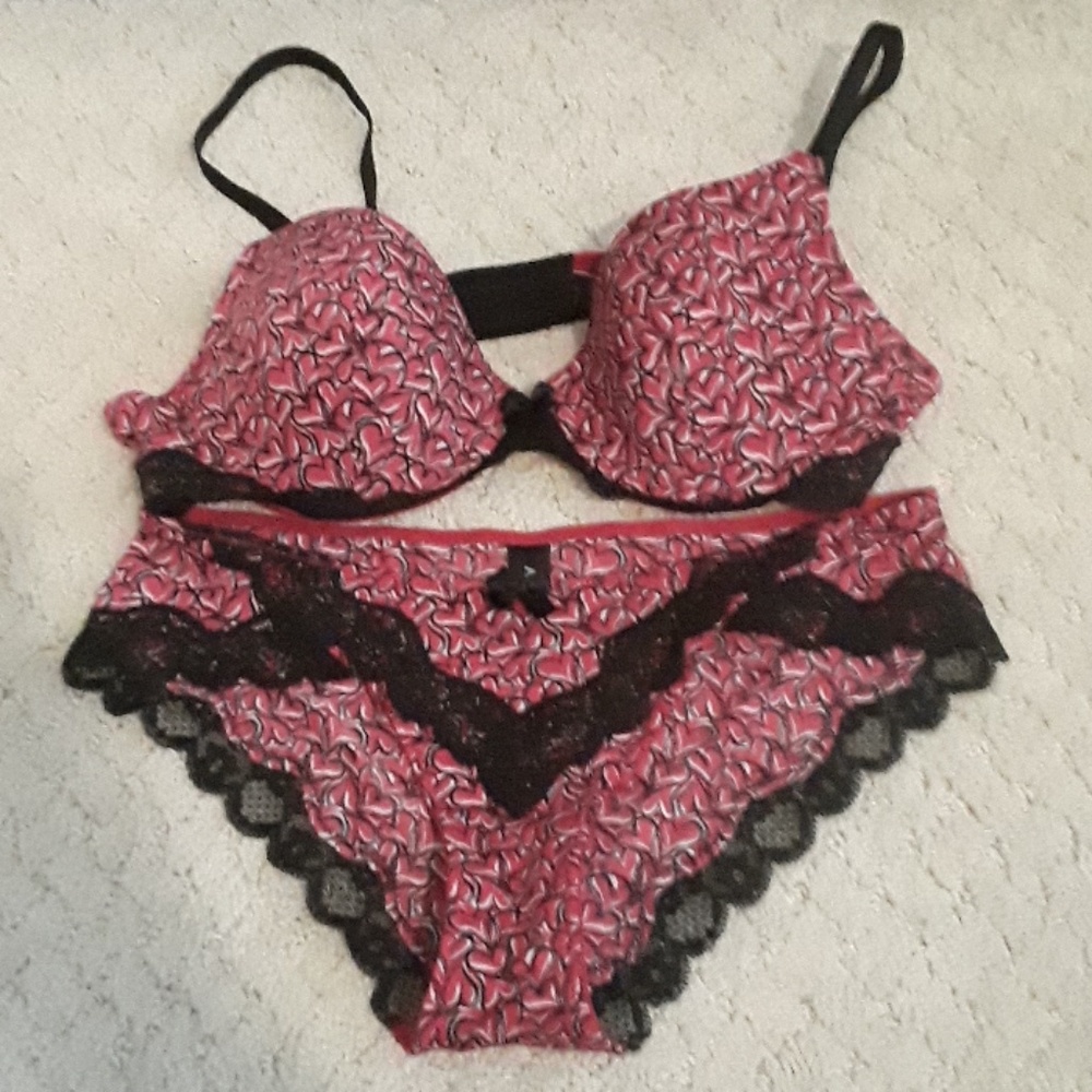 Red hearts and black lace detail bra and panty set